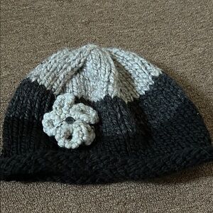 Black and Gray Knit Beanie with Flower Accent
